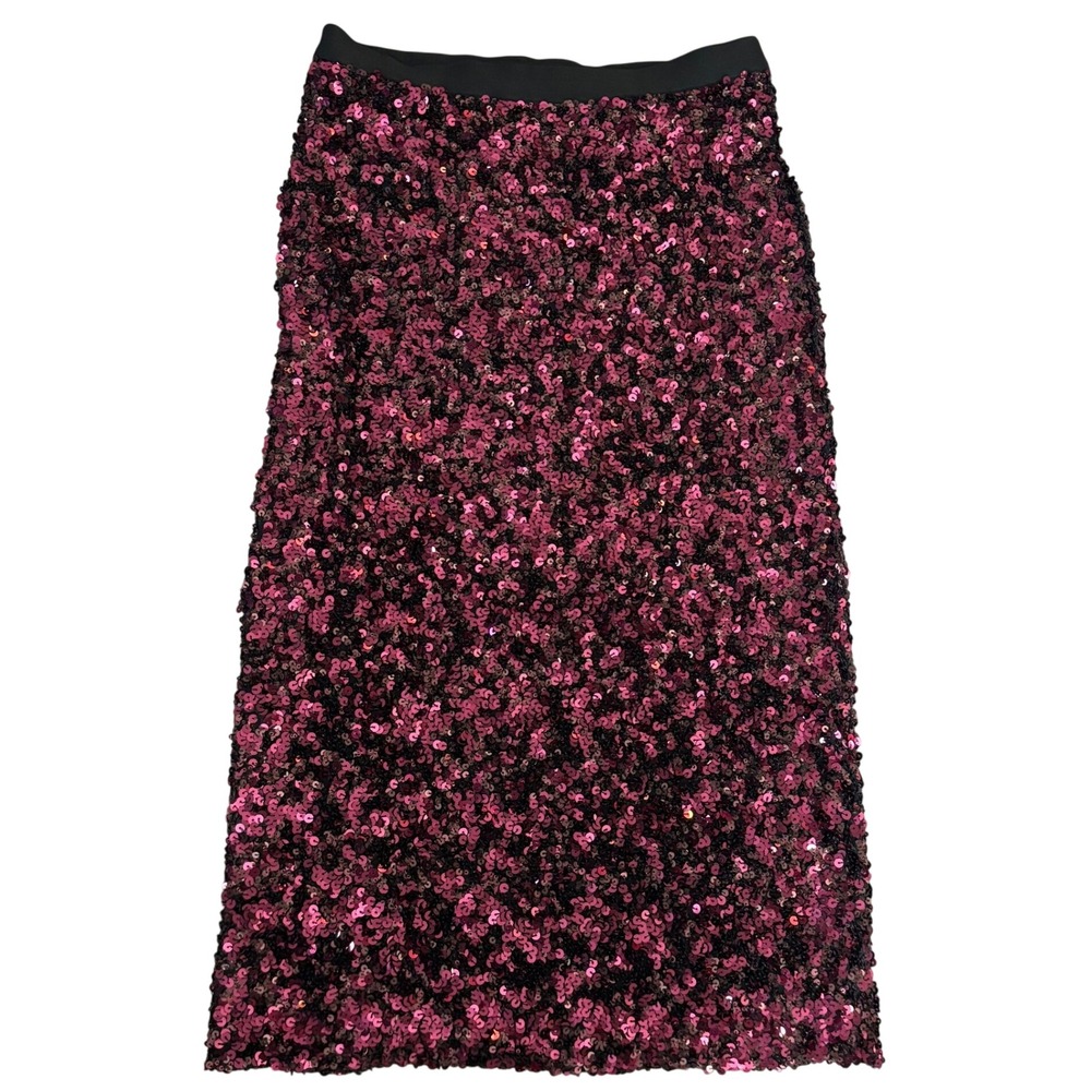 Rebecca Taylor Midi Stretch Sequin Straight Skirt Size L Pink Purple Party